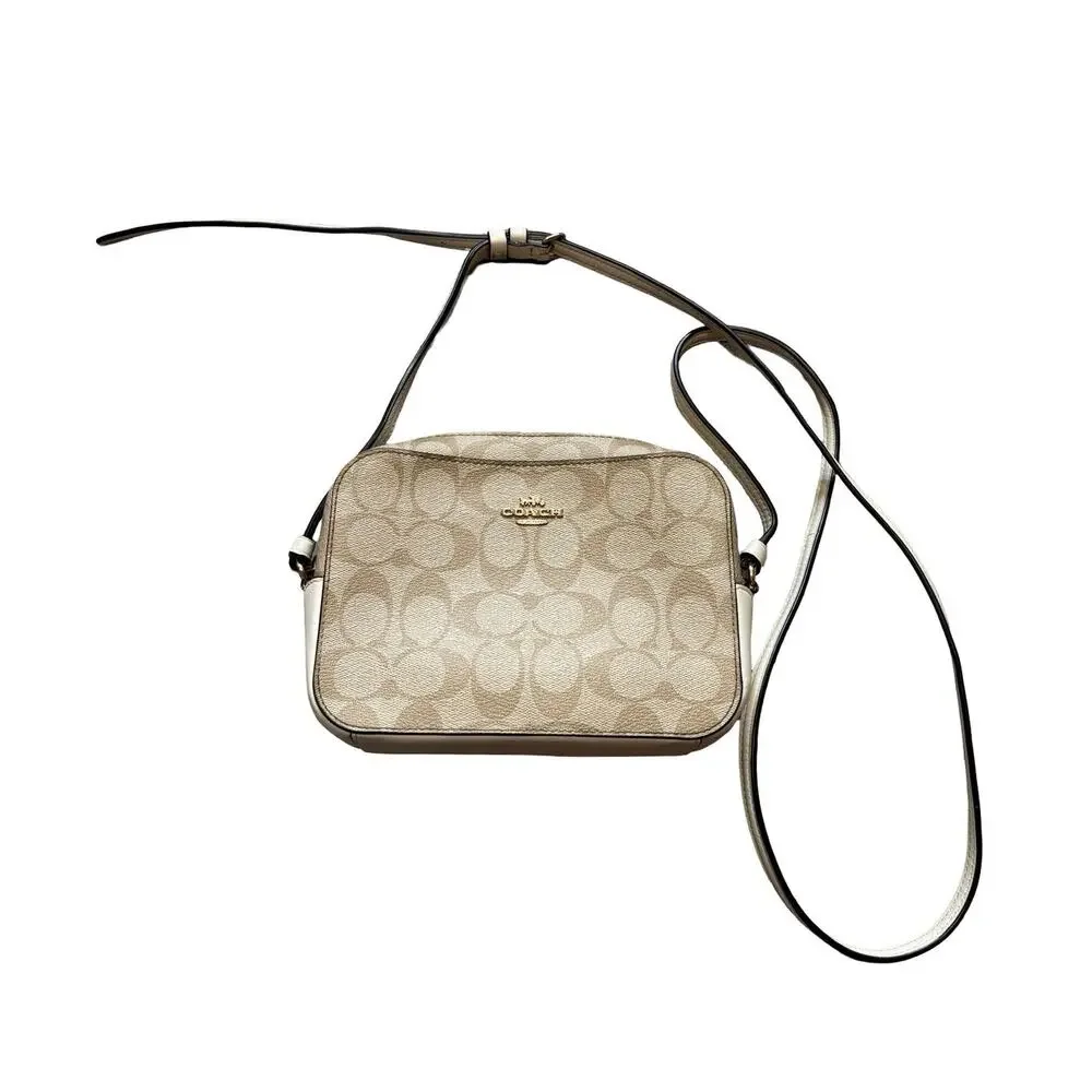 Coach Mini Camera Bag Signature Canvas Khaki Chalk Crossbody